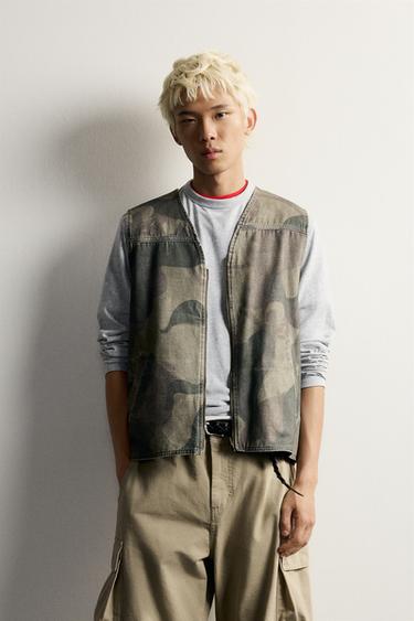 WASHED ABSTRACT PRINT VEST — Khaki 1