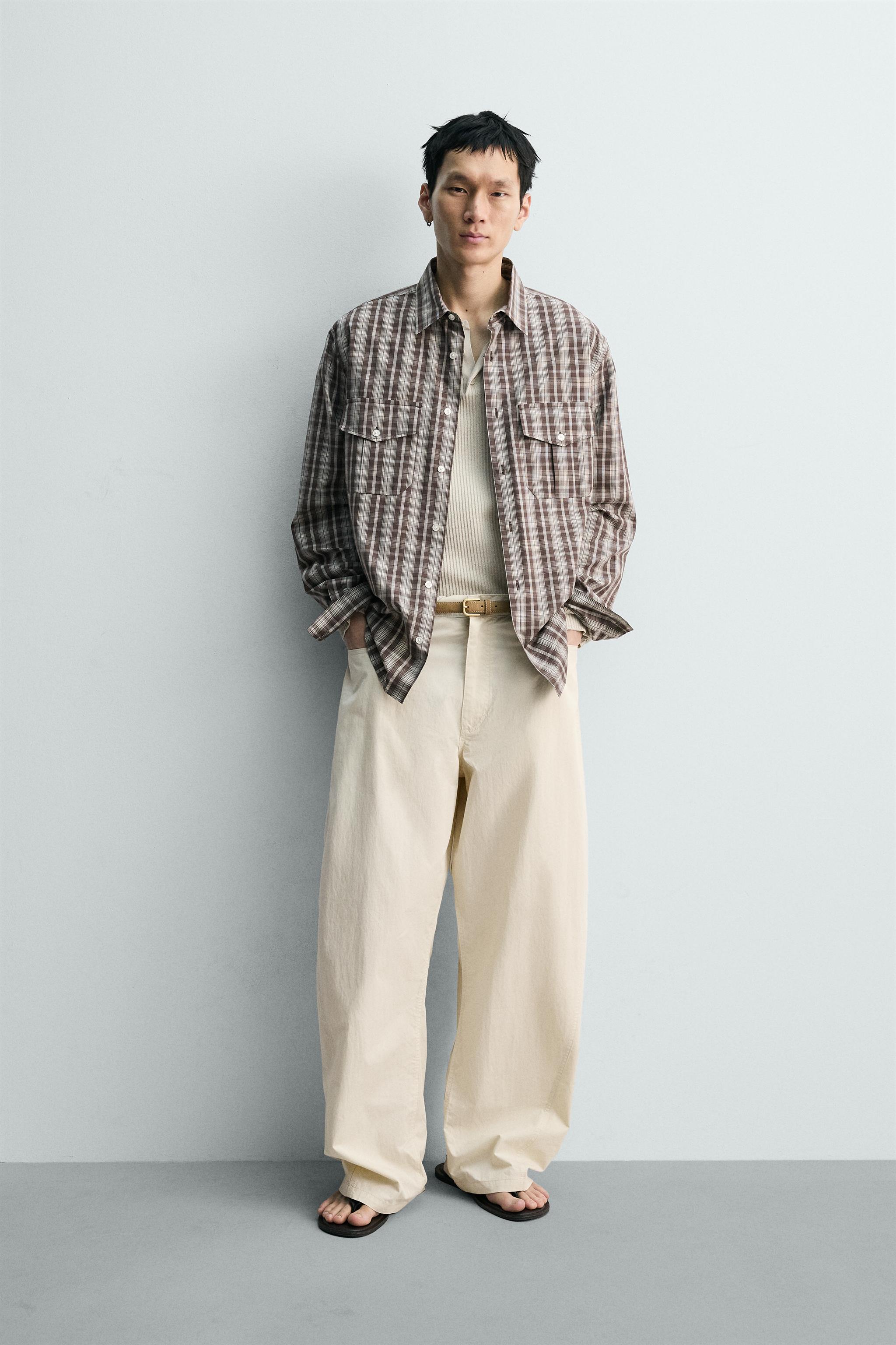 クロップドフィットチェック柄シャツ - ブラウン/ エクリュ | ZARA