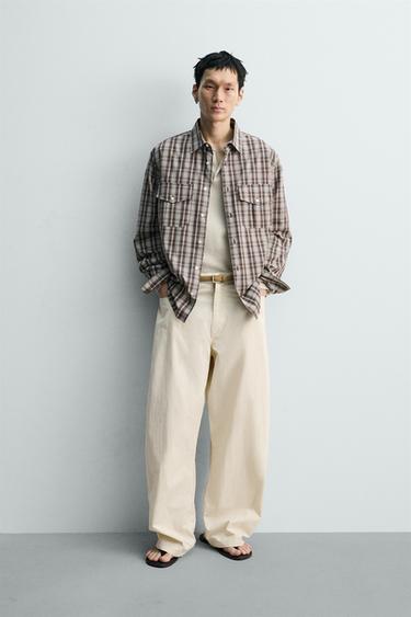 CROPPED FIT CHECK SHIRT - Brown / Ecru by Zara - Image 0