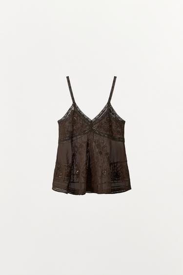 EMBROIDERED BEADED STRAP TOP - Brown by Zara - Image 4