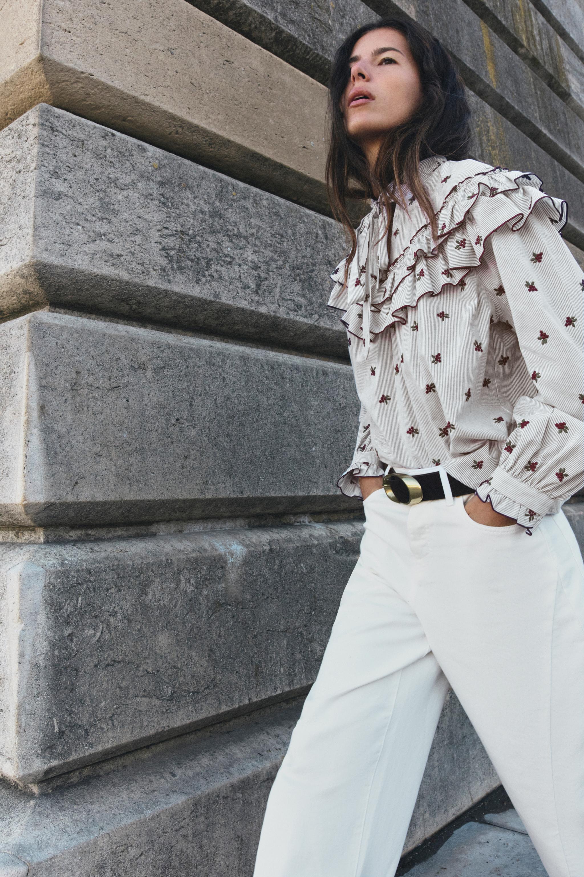 EMBROIDERED RUFFLE BLOUSE