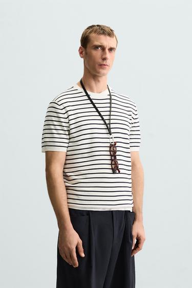 VISCOSE BLEND KNIT T-SHIRT - Ecru / Blue by Zara