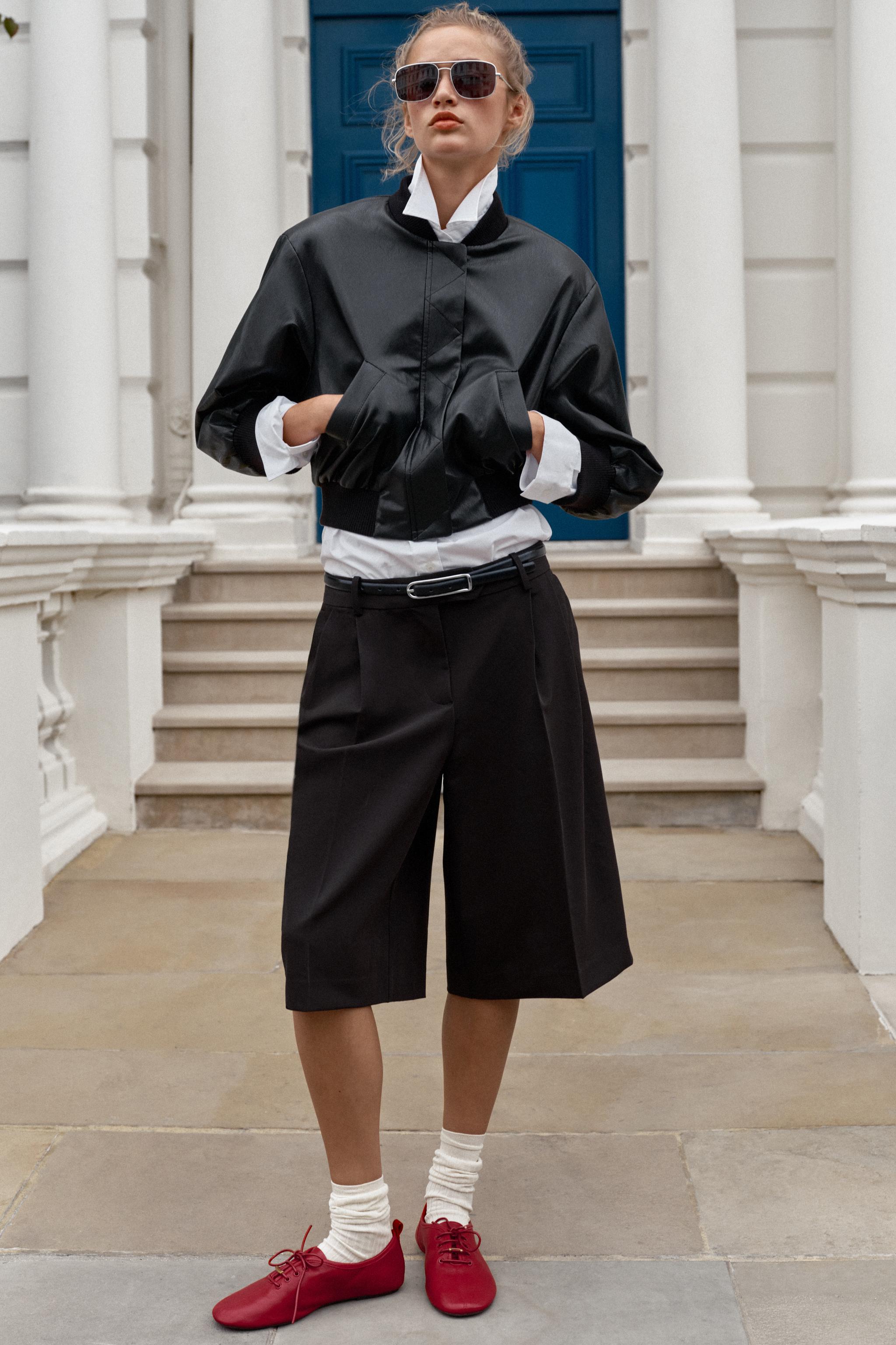 FAUX LEATHER BOMBER JACKET WITH SHOULDER PADS — Black