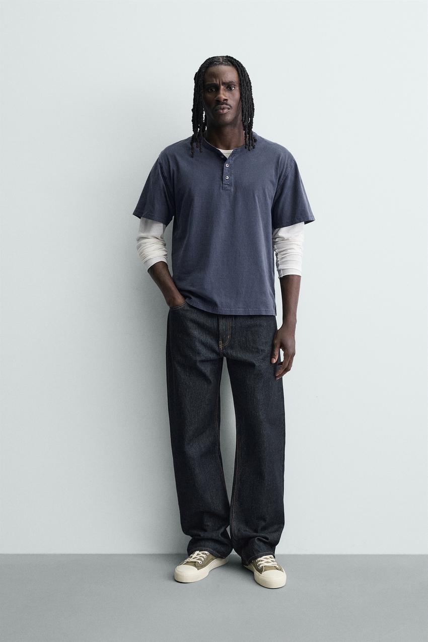 ウォッシュ加工ヘンリーネックTシャツ - ネイビーブルー | ZARA Japan 