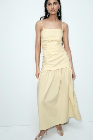 فستان ميدي مزيج قطن مزموم - زبدة الخاص بـ Zara