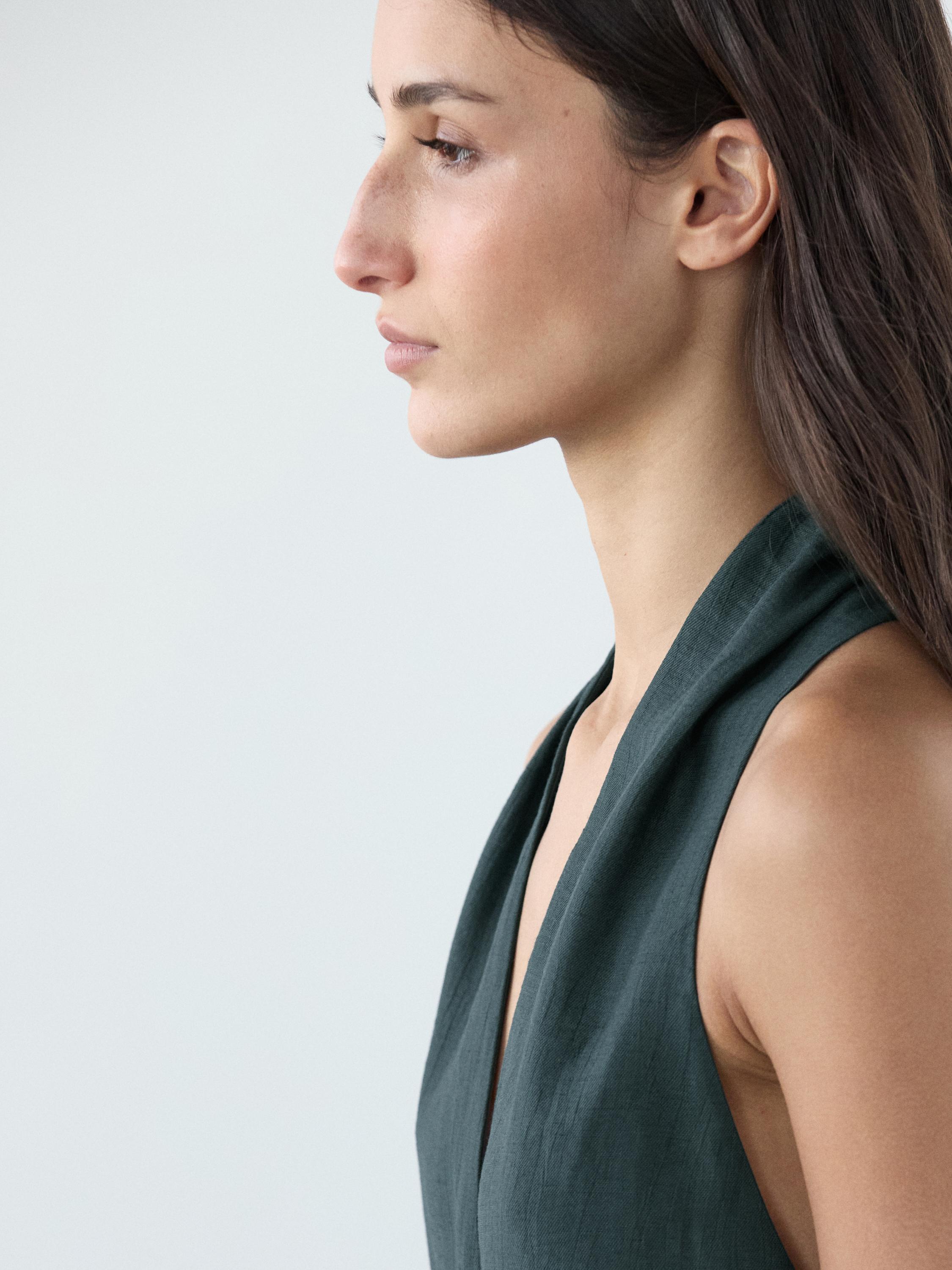Linen blend midi dress with V-neckline