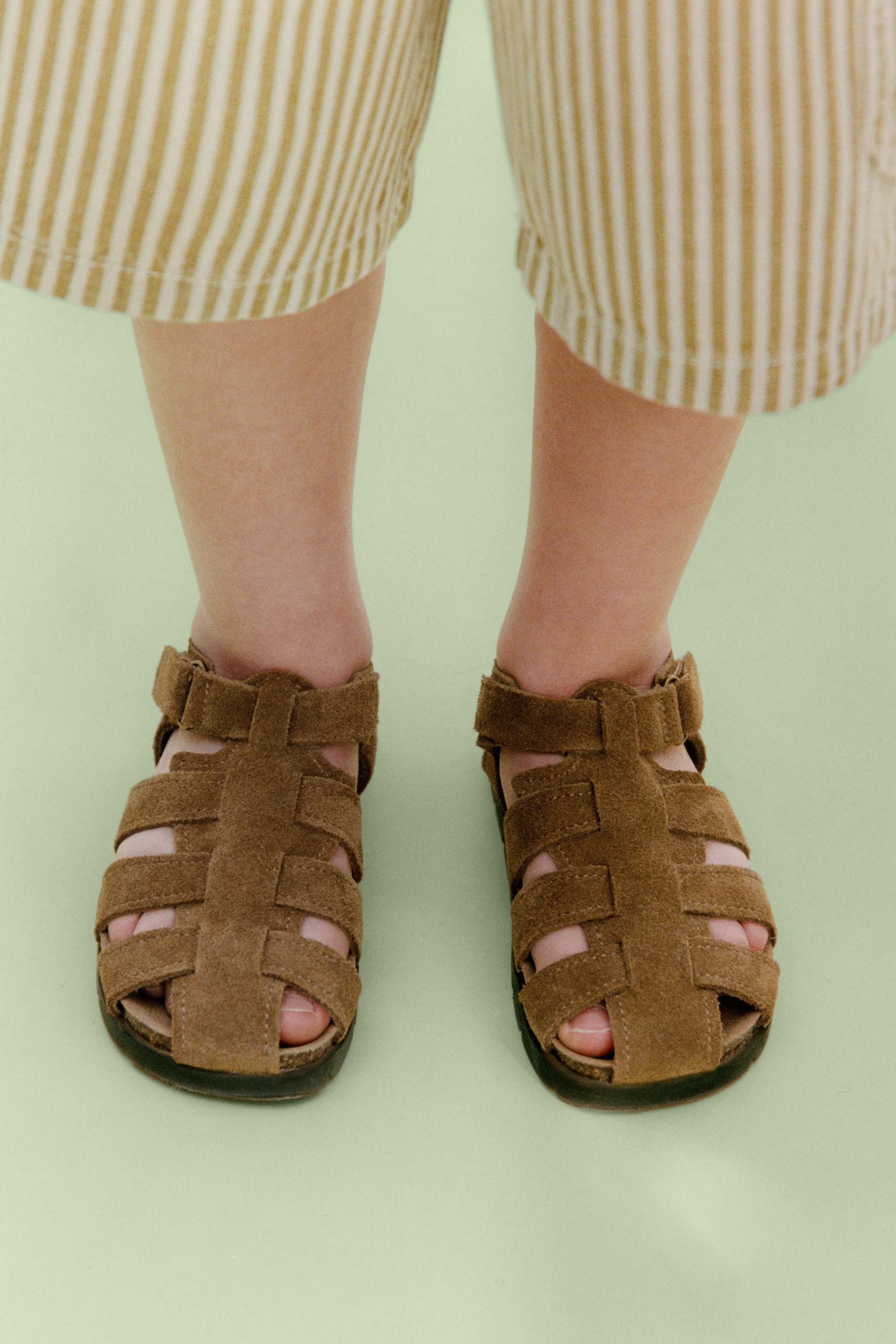 LEATHER CAGE SANDALS — Dark tan