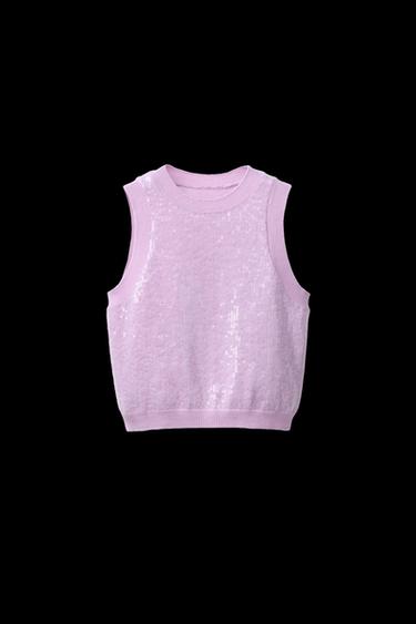 Zara SEQUIN KNIT TOP - Mauve - Image 0
