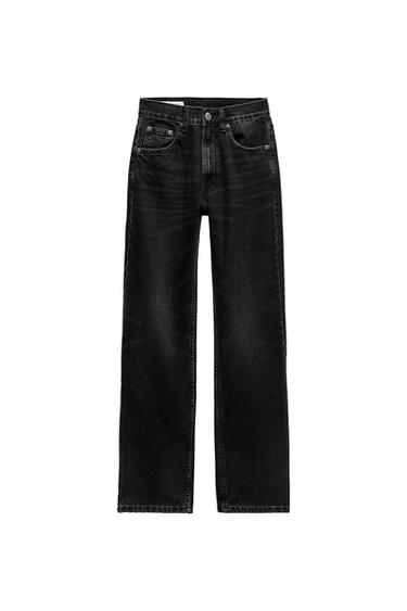 Front view of black trousers with front pockets and a visible button.