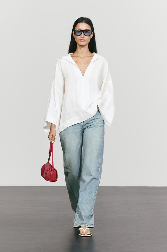 Zara 100% linen polo collar shirt - White - Image 0