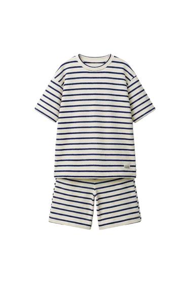 ENSEMBLE T-SHIRT ET BERMUDA À RAYURES TEXTURÉES - Écru / Bleu marine de Zara