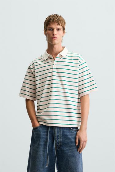 Zara STRIPED RELAXED FIT POLO SHIRT - Pink