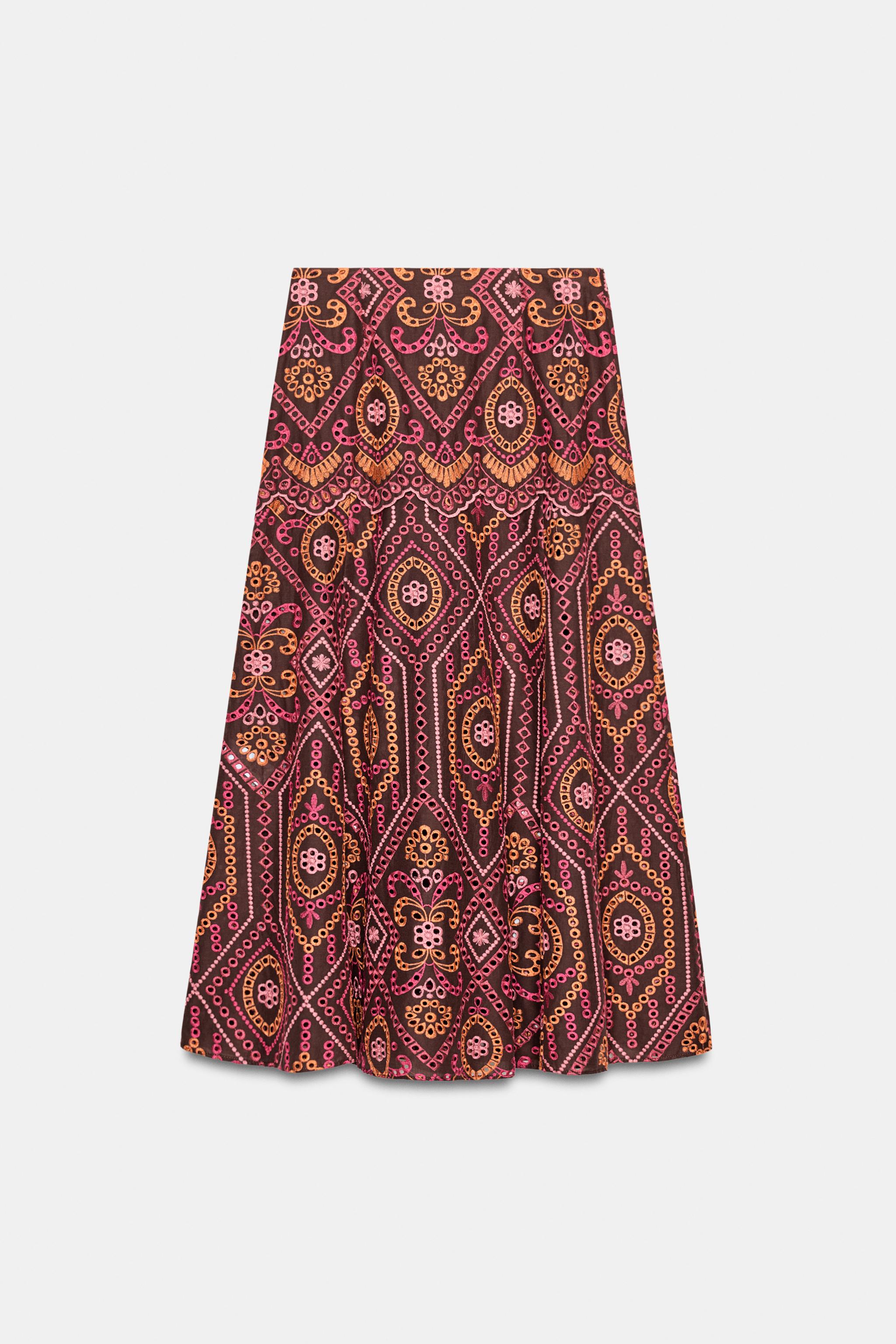 EMBROIDERED EYELET MIDI SKIRT