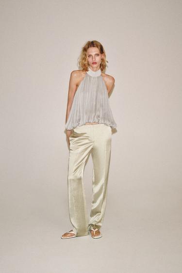 Zara ZW COLLECTION 亞麻直筒長褲 - 米色 - 圖片 0
