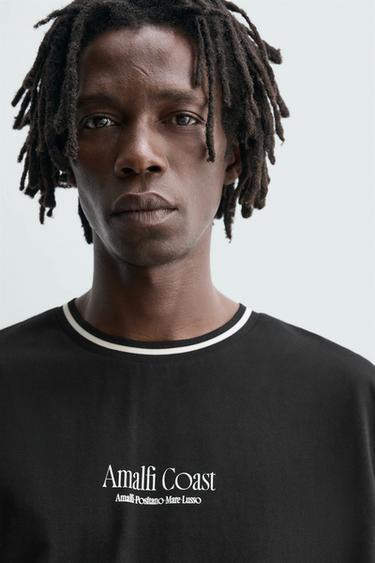 T-SHIRT WITH TEXTURED SLOGAN PRINT - Black by Zara - Image 3