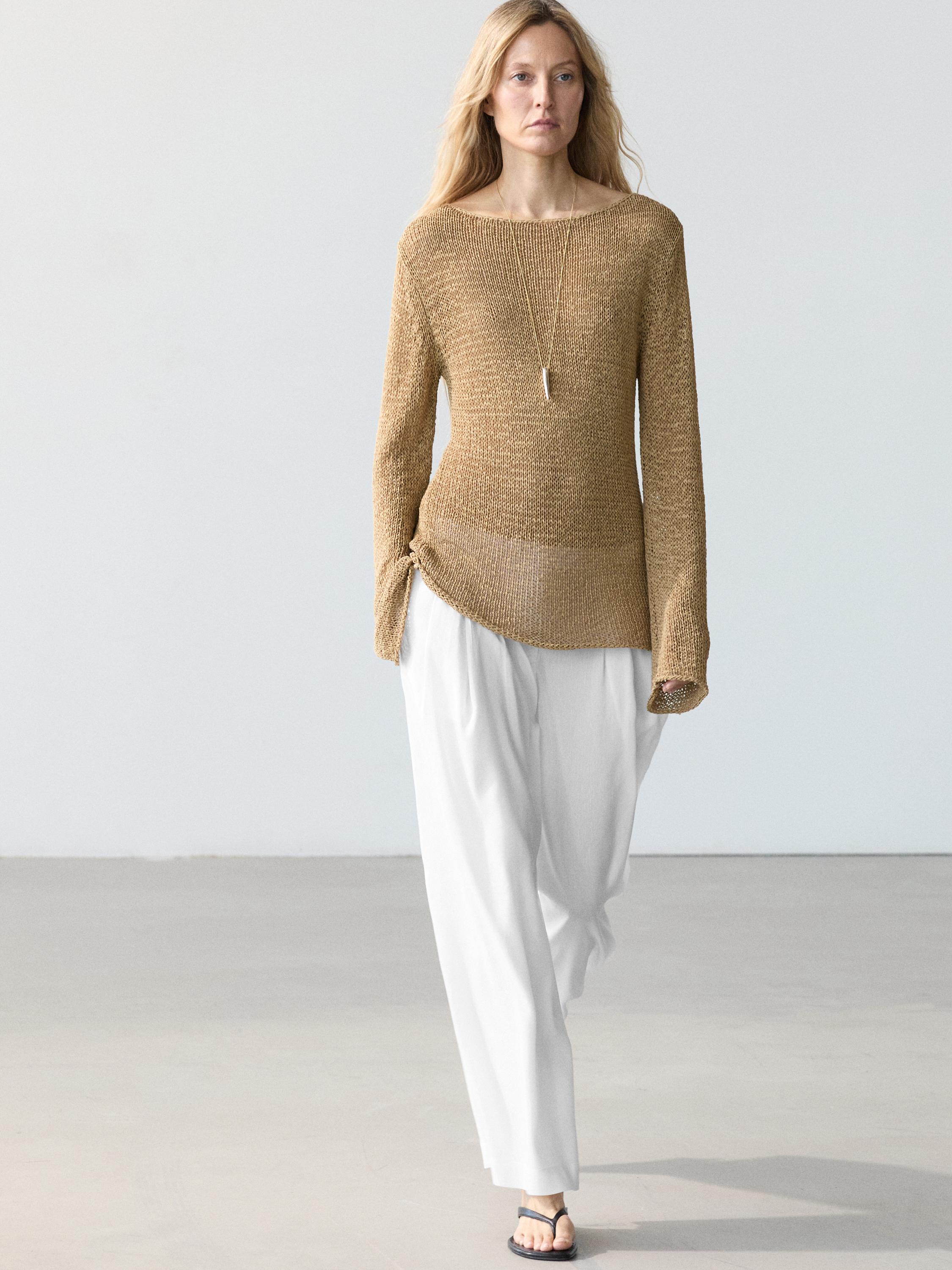 Flowing linen blend trousers — Oyster-white