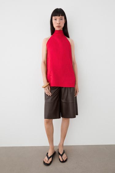 Zara 100% linen flowing halter top - Red