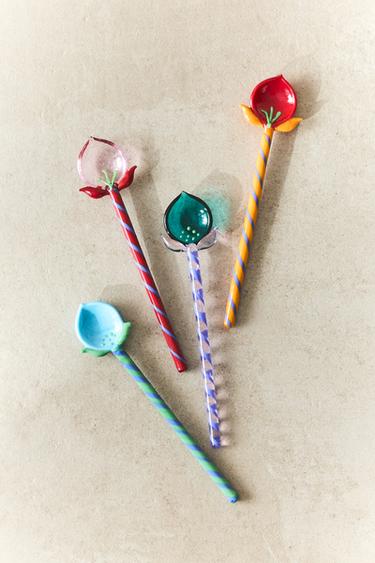 SET OF FLORAL GLASS DESSERT SPOONS (SET OF 4) - striped by Zara
