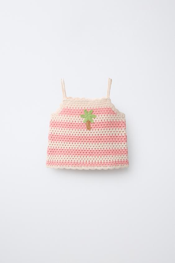 STRIPED CROCHET KNIT TOP - Peach by Zara - Image 0