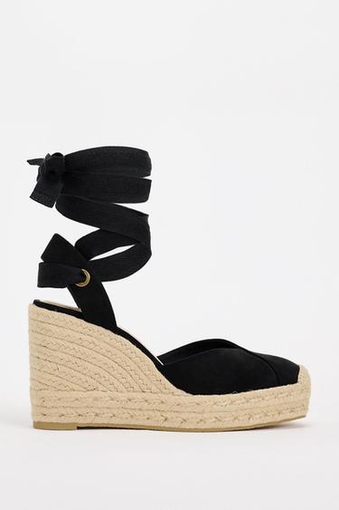 Zara CONTRAST LACE-UP WEDGES - Black