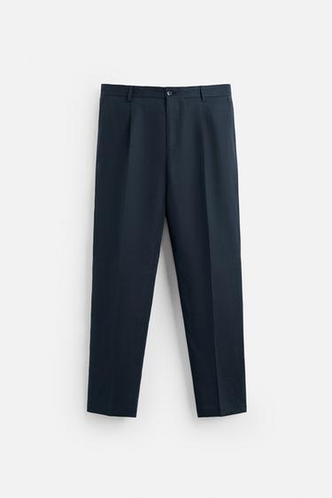 PANTALÓN 100% LINO PLIEGUES - Marino oscuro de Zara