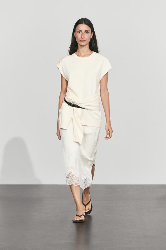 Top en maille 100 % coton avec détail noué - Blanc cassé de Zara - Image 0