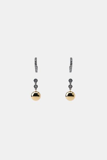 PACK OF MISMATCHED RHINESTONE AND BALL EARRINGS - Golden by Zara