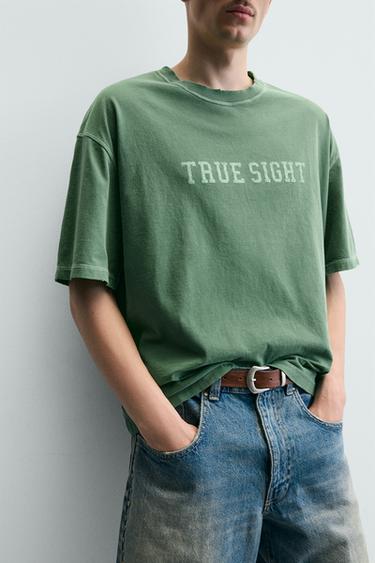 T-SHIRT COUPE BOXY DÉLAVÉ À IMPRIMÉS GRAPHIQUES - Vert de Zara - Image 4