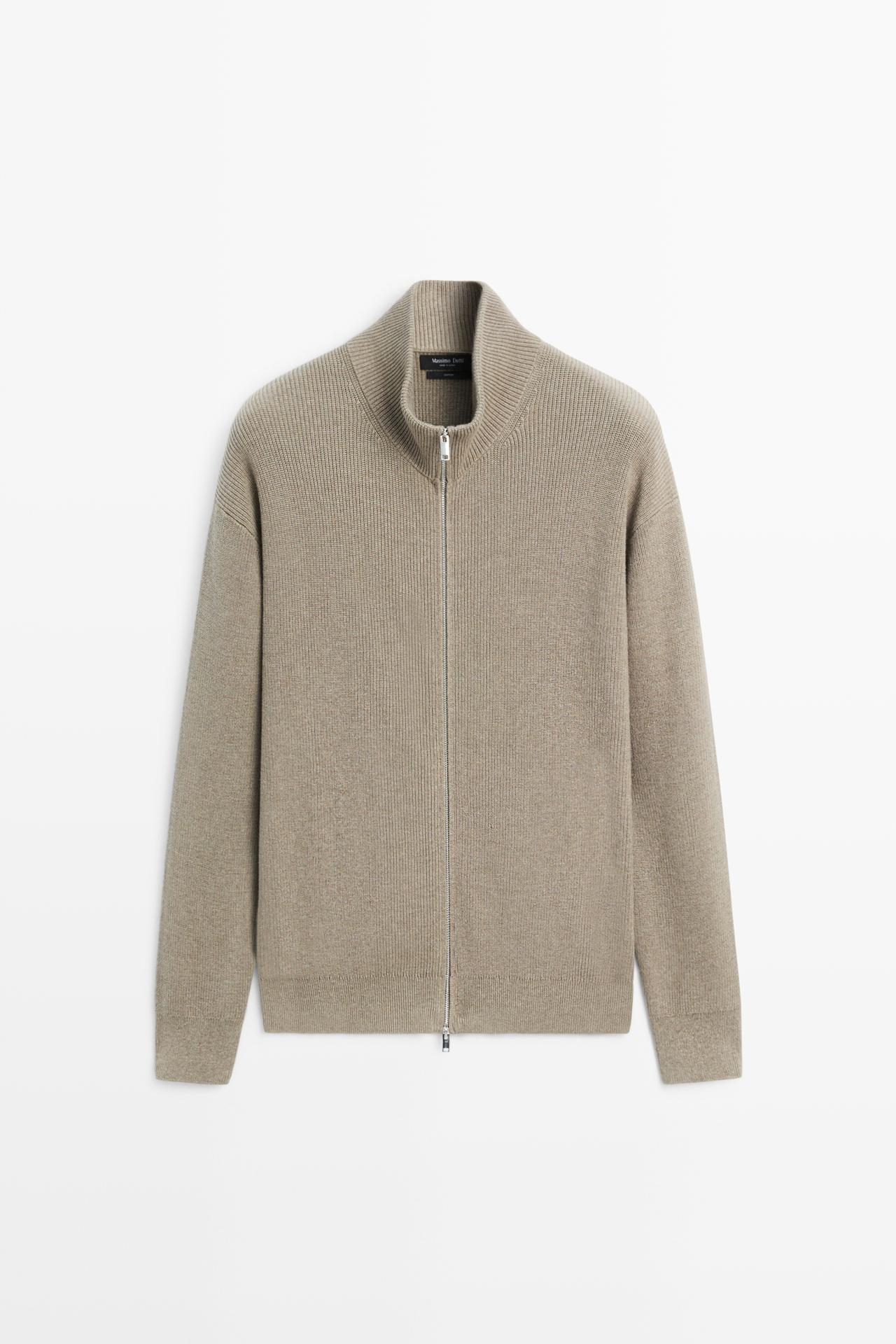 100% cotton ribbed knit cardigan — Khaki marl