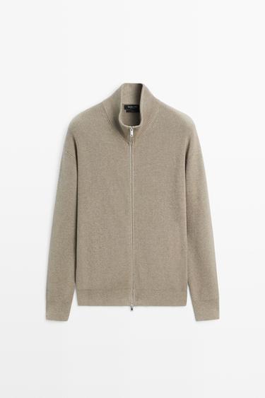 100% cotton ribbed knit cardigan — Khaki marl 1