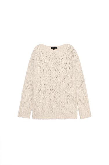 Front view of a white, chunky knit sweater with a crew neck and long sleeves.