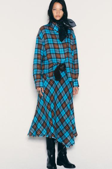 Zara PRINTED ASYMMETRIC BELTED SKIRT - Brown-Blue