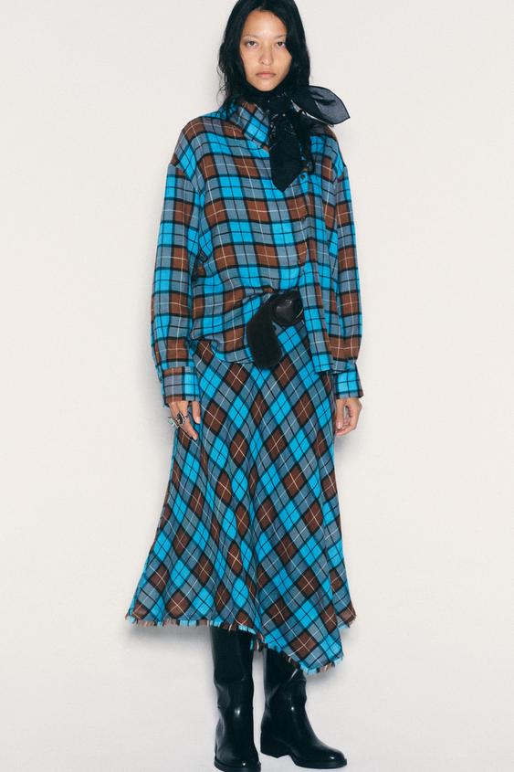 Zara PRINTED ASYMMETRIC BELTED SKIRT - Brown-Blue - Image 0