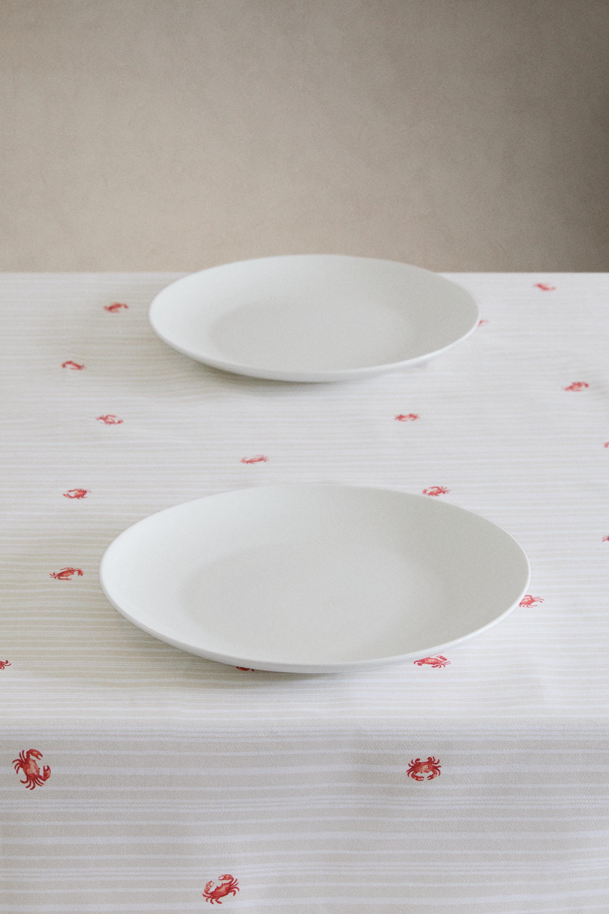 CRAB PRINT RESIN-COATED COTTON TABLECLOTH — Ecru
