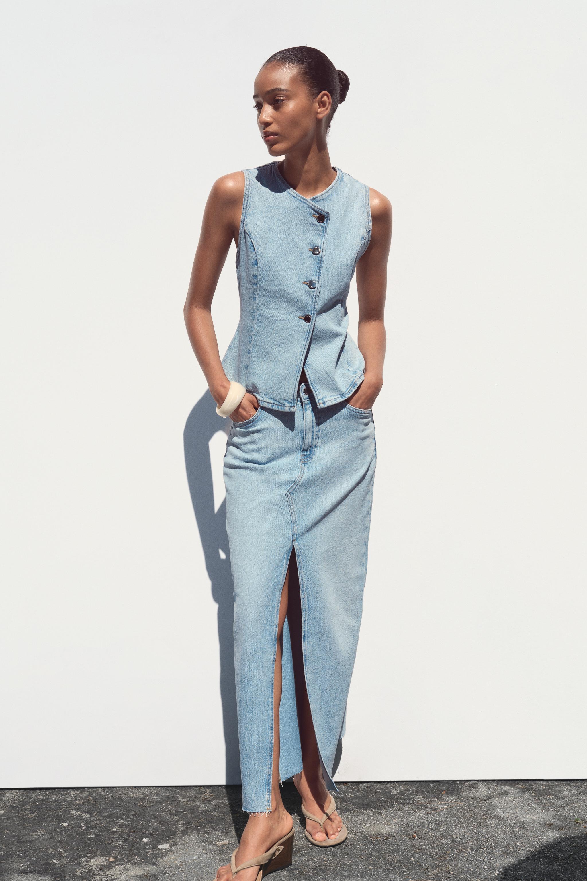 Front Slit Denim Midi Skirt FRONT SLIT DENIM MIDI SKIRT – OUTFIT