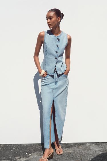 FALDA MIDI DENIM ABERTURA - Azul claro de Zara