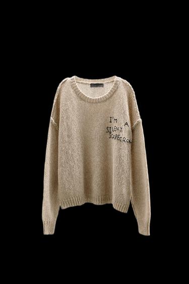 WOOL JUMPER WITH EMBROIDERED TEXT - Brown / Taupe by Zara