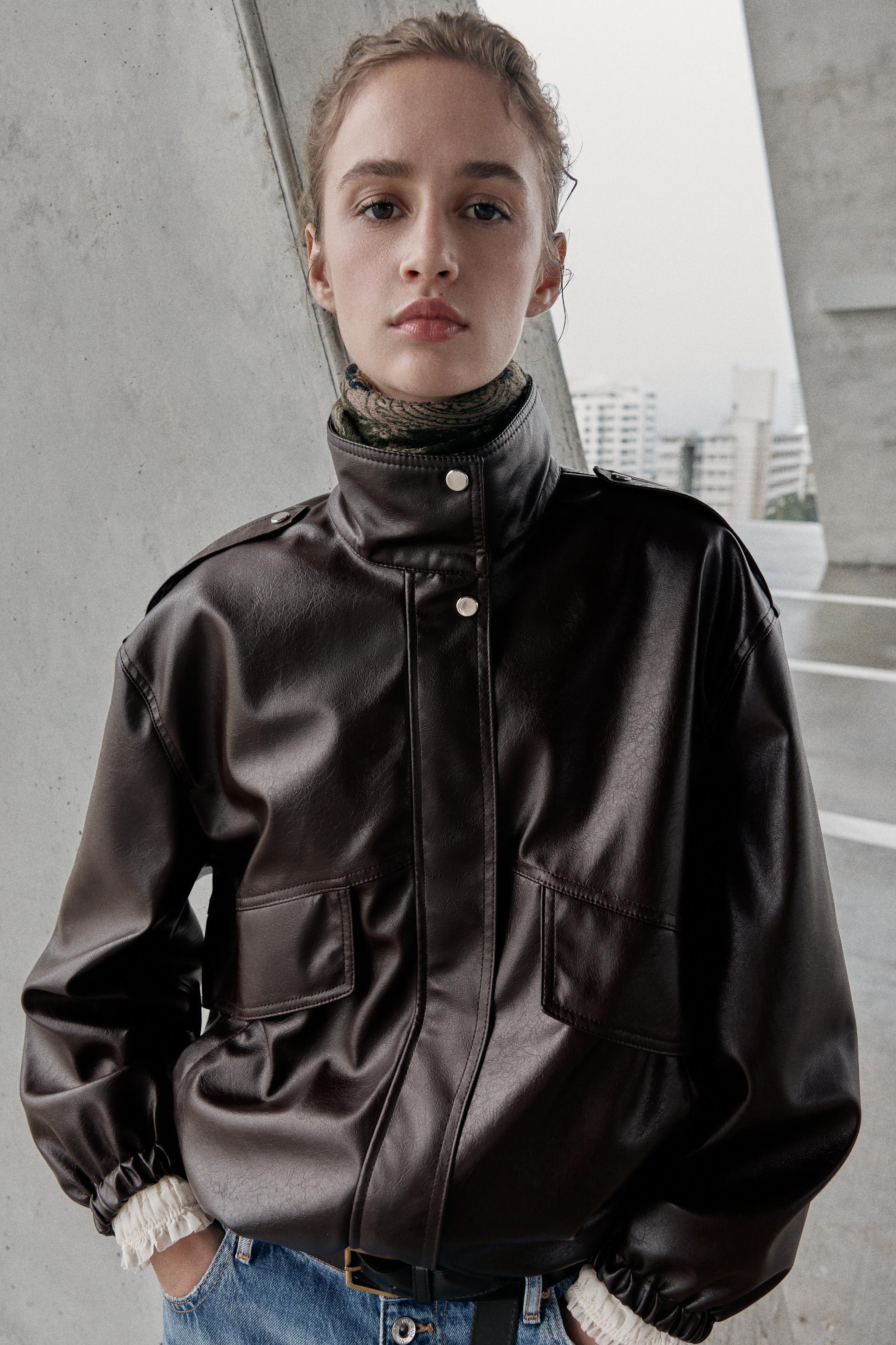 フェイクレザー ボンバージャケット - ダークブラウン | ZARA Japan / 日本