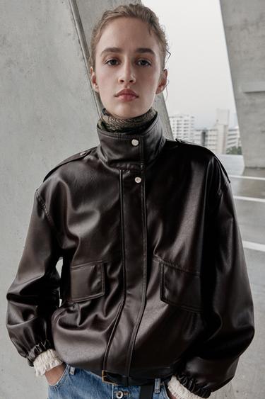 LEATHER EFFECT BOMBER JACKET - Dark brown by Zara - Image 1