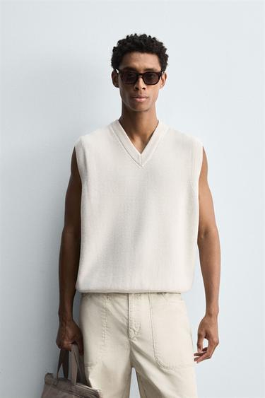 Zara COTTON KNIT VEST - Stone