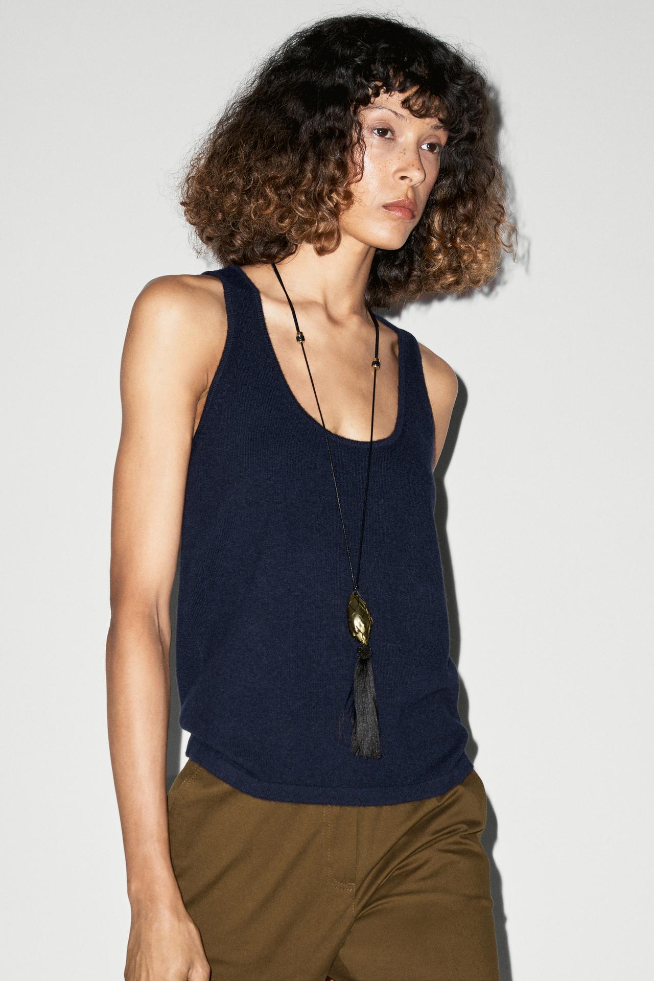 Wool blend knit round neck top — Navy blue