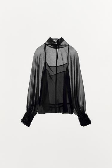 Zara ZW COLLECTION SEMI-SHEER BLOUSE - Black