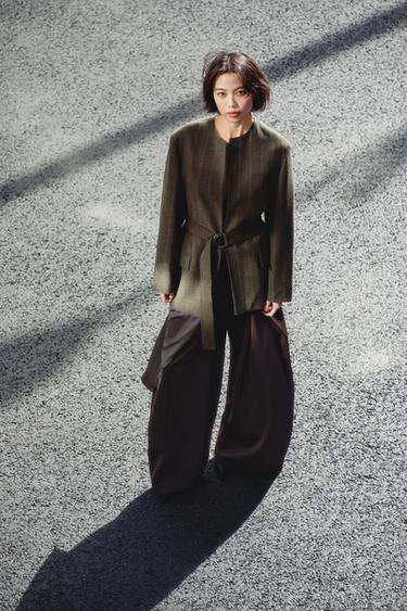 Zara 條紋腰帶西裝外套 ZW COLLECTION - 卡其色