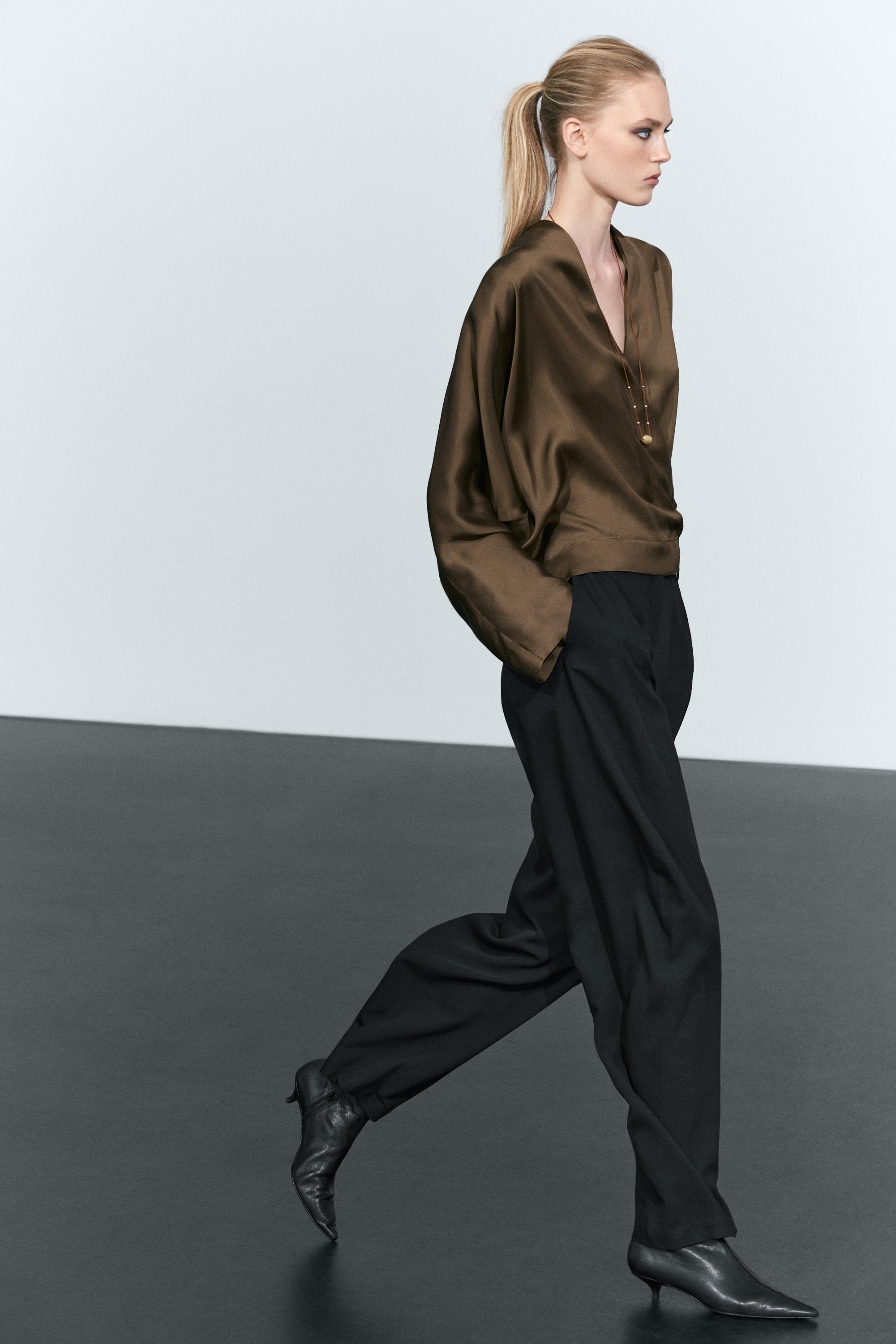 Satin wrap blouse with batwing sleeves