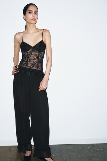 LACE TRIM SAROUEL TROUSERS - Black by Zara