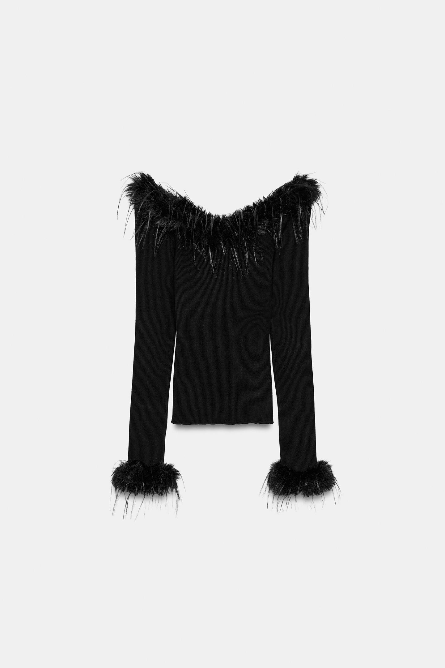 Женский топ Zara Faux Fur Combined, цвет: Чёрный — фото 7
