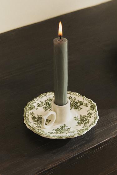 FLORAL EARTHENWARE CANDLEHOLDER - Dark olive by Zara
