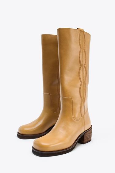 LEATHER TOPSTITCHED BOOTS - Dark tan by Zara - Image 4
