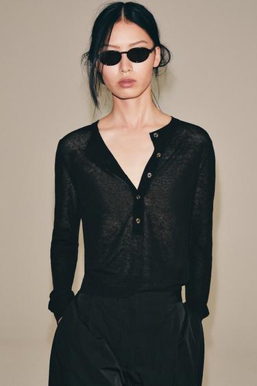 KNIT HENLEY JUMPER - Black by Zara