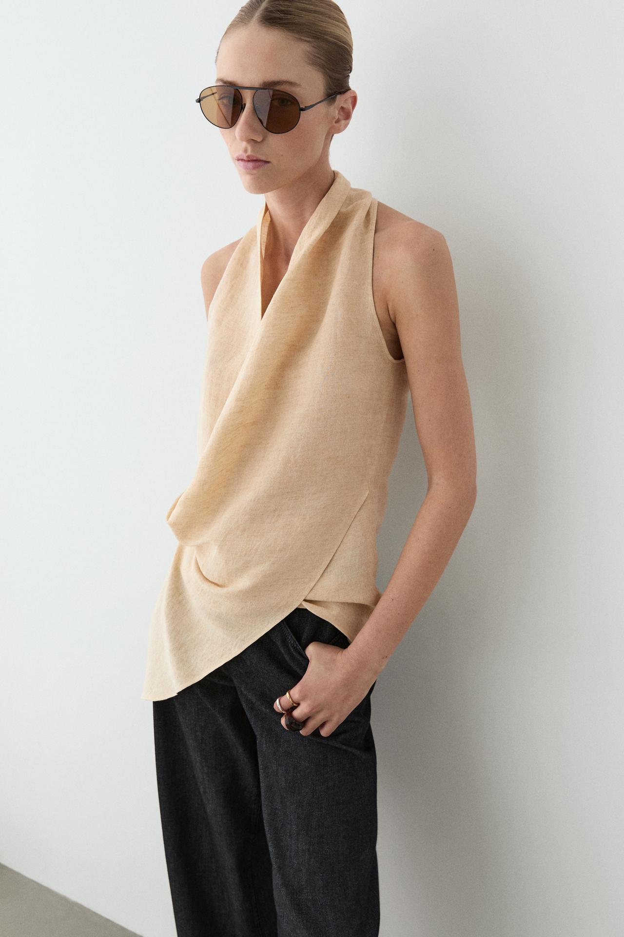 Linen blend draped halter top — Stone